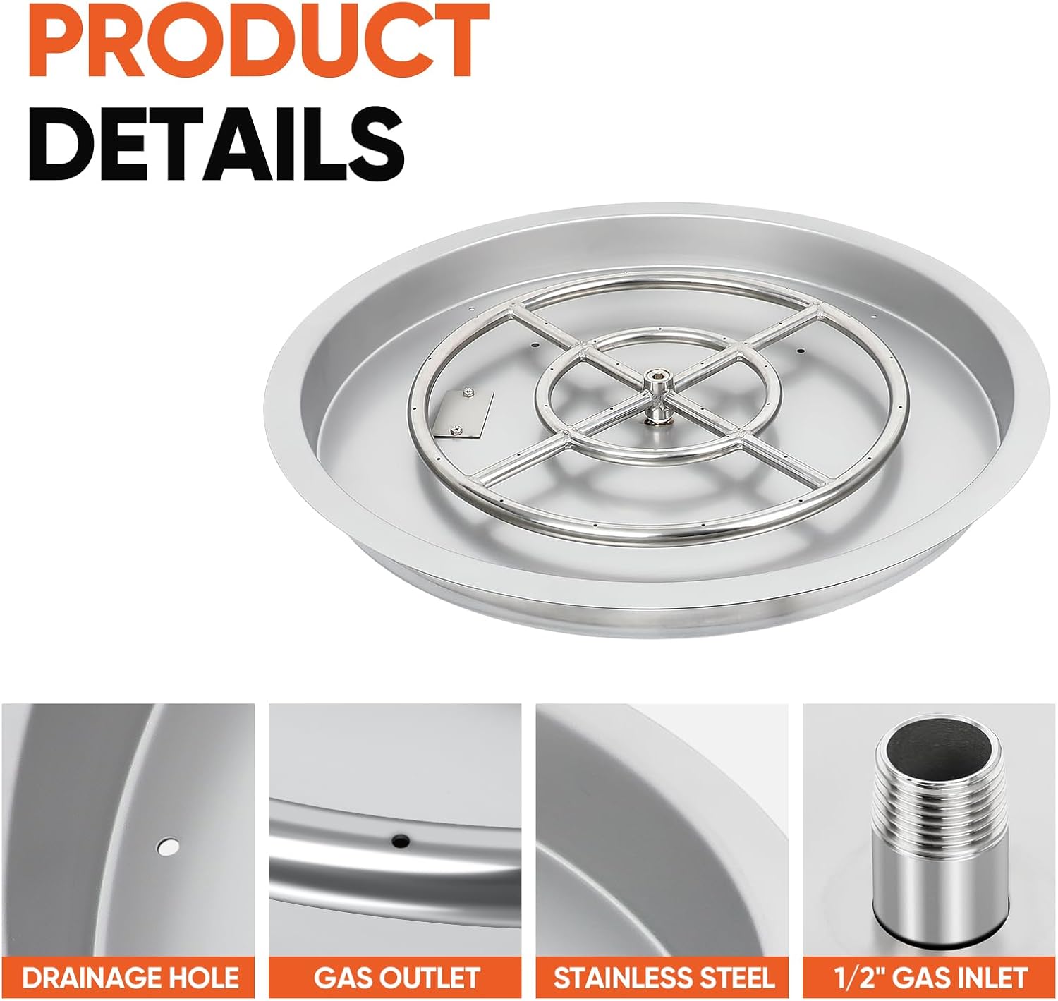 Dollate Drop-in Fire Pit Kit 25 Inch, Round Fire Pit Insert H Burner with Spark Ignition and Propane Hose Kit, Fire Pit Pan for Indoor or Outdoor Decorative Fireplace