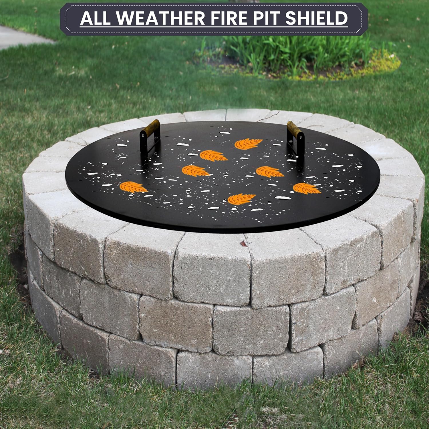 38” Fire Pit Cover Lid Round - Fit for 36” Round Fire Pit Lid for Outdoor Fireplace Cover Lid Steel fire Pit Metal Cover W/ 2 Wooden Handles & Heat Resistant Snuffer Lid for Patio Fire Pit Ring