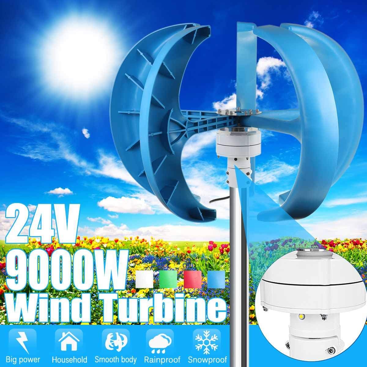 9000W 24V Vertical Axis Wind Turbines Generator 5 Blades Lantern Motor Kit Windmill Energy Charge Turbines for Home Camping,Blue,24v