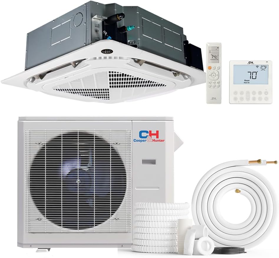 Cooper & Hunter 24,000 BTU Ceiling Cassette Ductless Mini Split Air Conditioner & Heat Pump – 22 SEER2 – Includes 16FT Installation Kit & Wall Thermostat – Cooling & Heating Inverter System