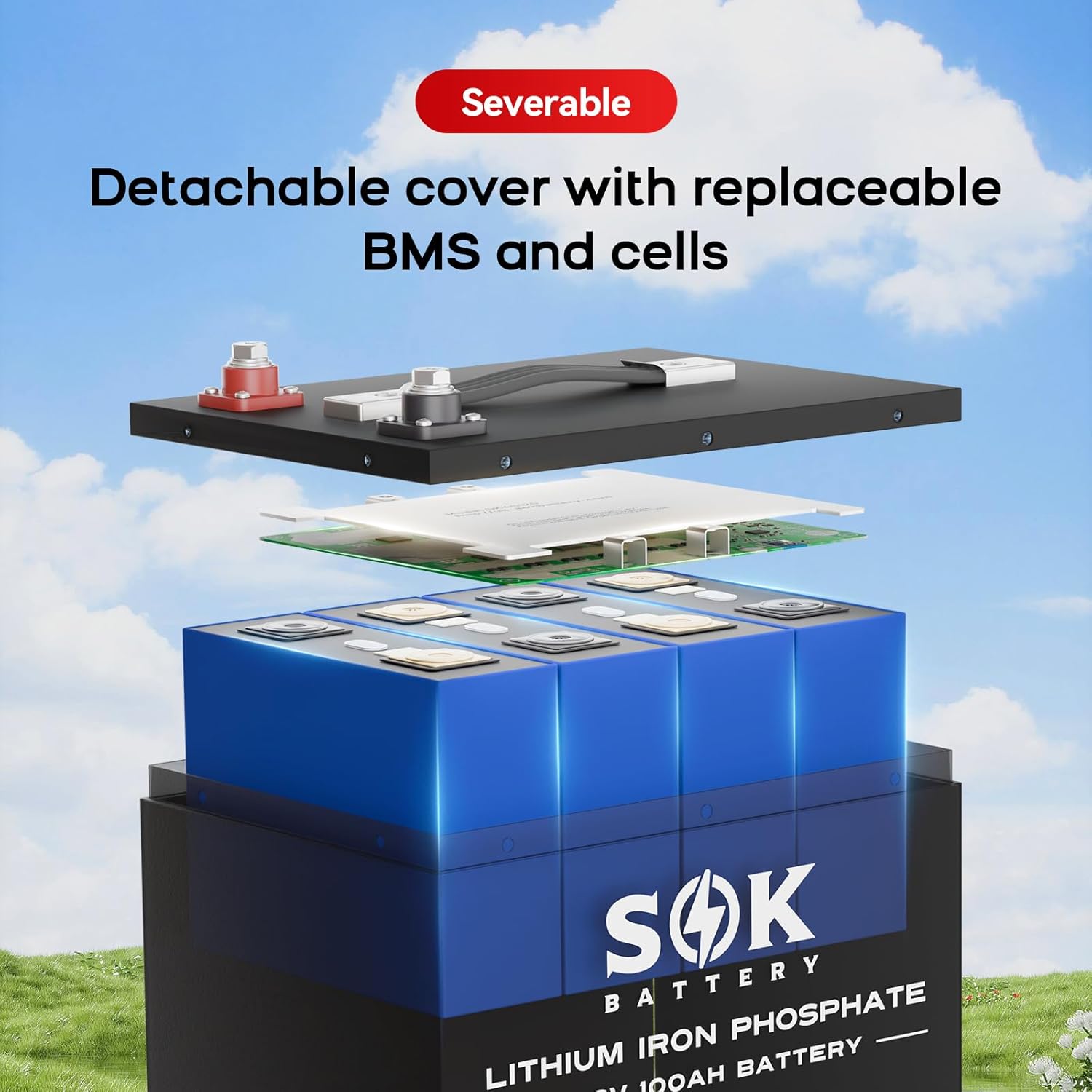 SOK Battery 100Ah 12V LiFePO4 Battery Deep Cycle Lithium Iron Phosphate Battery 12 Volt with Low Temp Protection, 100A BMS Ideal for RV, Solar, Wind, and Off-Grid Use
