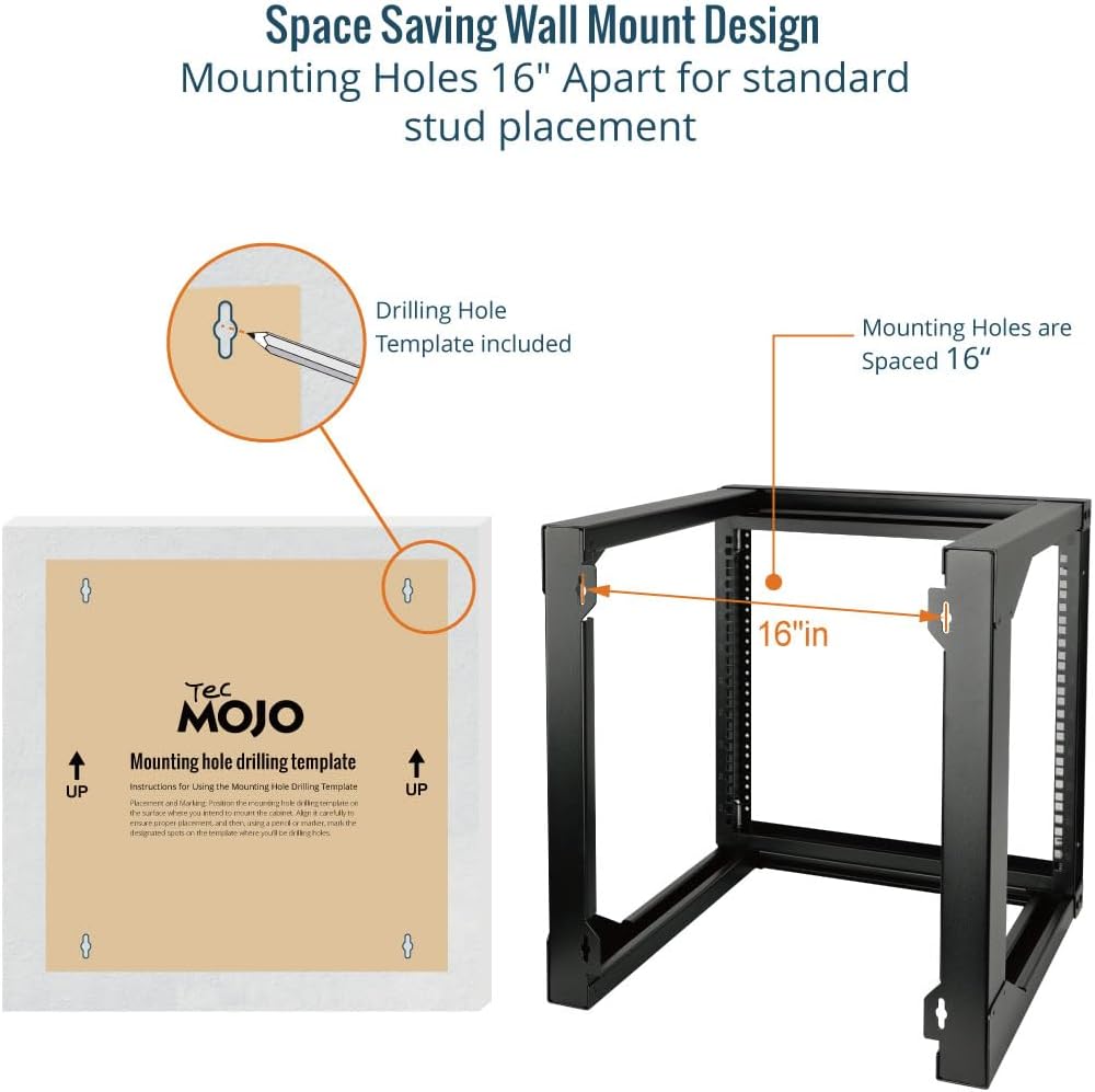 Tecmojo 9U Wall Mount Rack, Server Rack,Open Frame Server Rack,Network Rack for 19inch Computer/AV/Data/IT/Media Equipment,18inch Depth,16inch Apart Mounting Holes,Swing Gate,Square and Tapped Holes