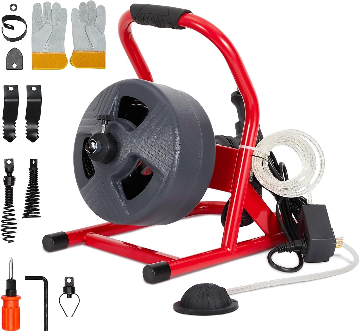 50 ft x 5/16 in Drain Cleaner Machine Professional for 3/4 in - 3 in Pipes, Foot Switch with 6 Cutters, Glove, Drain Auger Cleaner Sewer Snake for Bethroom/Kitchen Drains