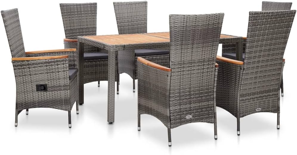 7 Piece Patio Dining Set with Cushions Poly Rattan Gray,Stylish Rattan Patio Furniture Set with Reclining Chairs for Outdoor Dining and Relaxation Furniture Sets for Patio, Lawn & Garden