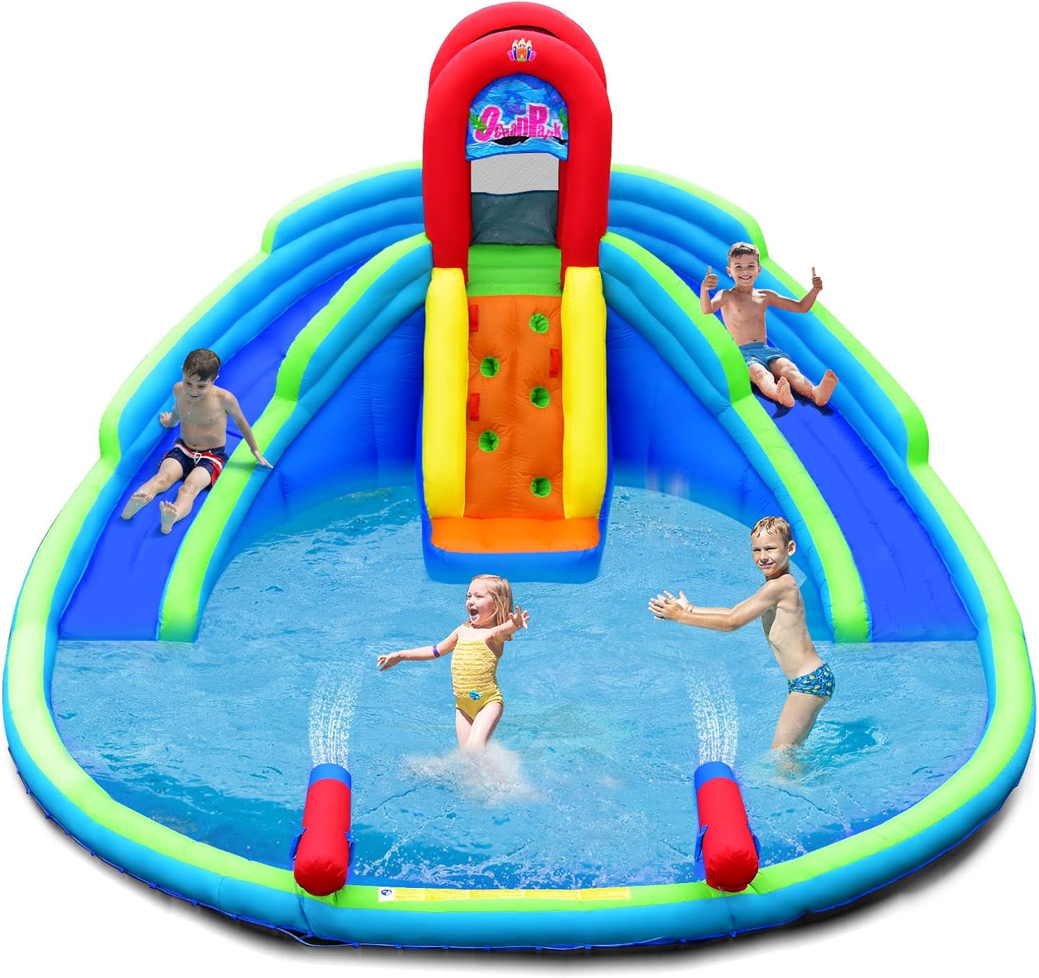 HONEY JOY Inflatable Water Slides, Kids Jumping Bounce House w/Long Slides, Climbing Wall & Large Splash Pool, Water Cannons & Hose for Summer Fun, Blow up Water Park for Backyard (Without Blower)