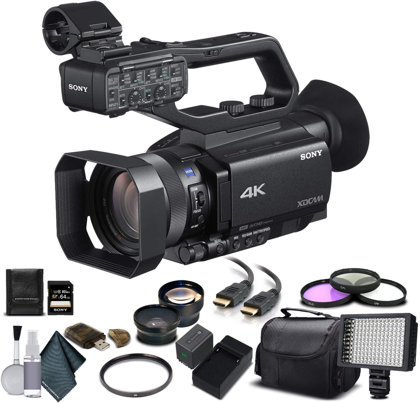 Sony PXW-Z90V 4K HDR XDCAM with Fast Hybrid AF(PXW-Z90V) with 64GB Memory Card, Extra Battery and Charger, UV Filter, LED Light, Case, Telephoto Lens, Wide Angle Lens, More - Advanced (Renewed)