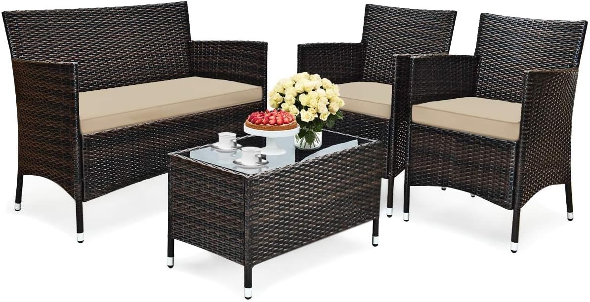 HAPPYGRILL 4-Piece Patio Furniture Set Outdoor Rattan Wicker Conversation Set with Cushioned Sofa and Coffee Table for Porch Backyard Garden Poolside