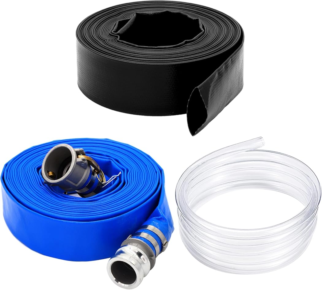 DAVCO Extra Heavy Duty Discharge Black Pool Backwash Hose, Blue PVC Lay Flat Water Discharge Pump with Aluminum Camlock C and E Fittings, Clear Vinyl Tubing