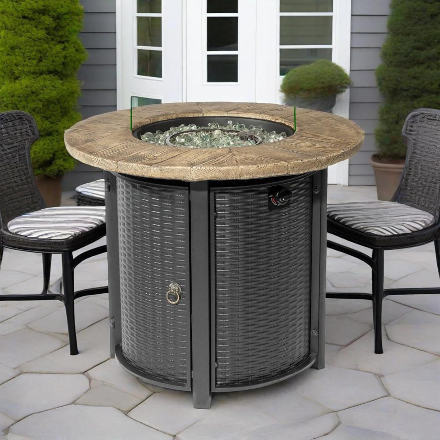 Round Propane Fire Pit Table 30in 50000BTU Steel Body Faux Wood Grain Finish Top with Glass Stones for Patio Backyard Garden