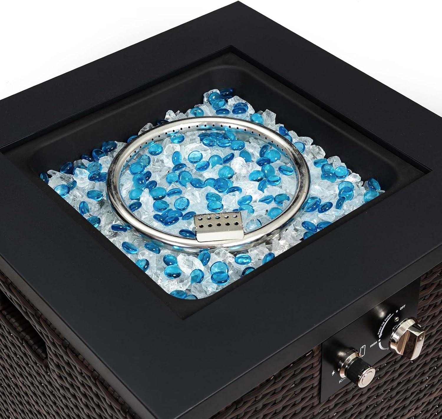 21 inch Wicker Fire Pit Table, 40,000 BTU Propane Fire Pit Table with Glass Wind Guard, Steel Outdoor Gas Firepit Table w/Blue Glass Stones for Patio, Backyard, Black