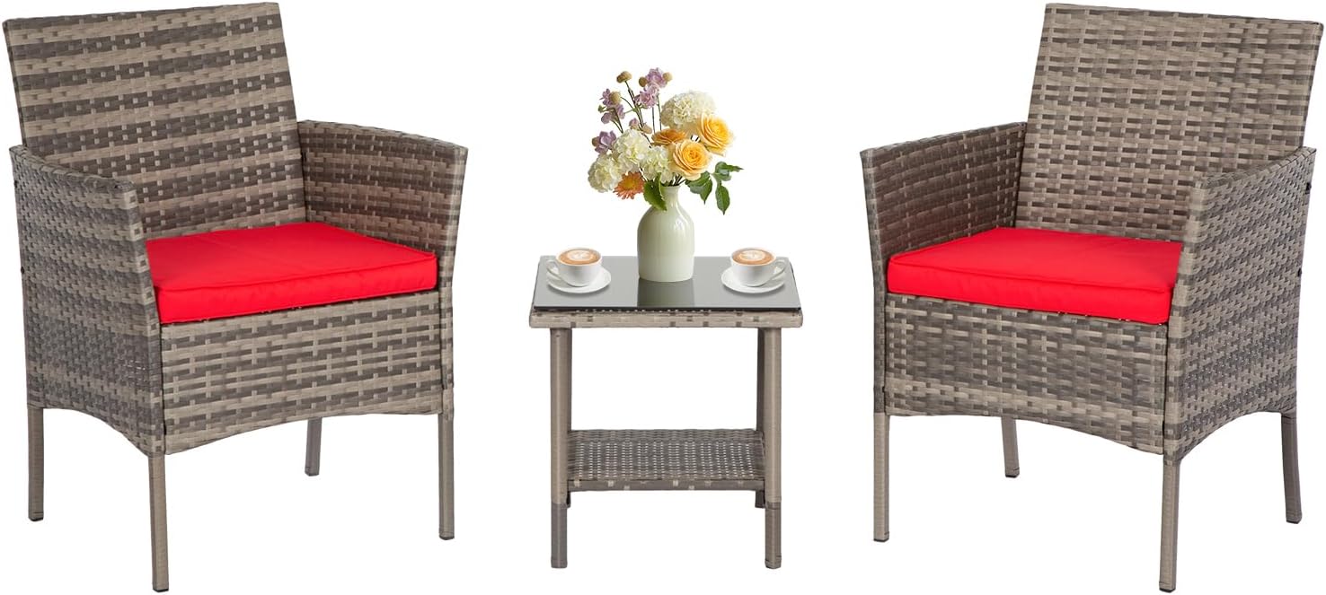FDW 3 Piece Outdoor Furniture Set Patio Gray Wicker Chairs Furniture Bistro Conversation Set 2 Rattan Chairs with Red Cushions and Glass Coffee Table for Porch Lawn Garden Balcony Backyard