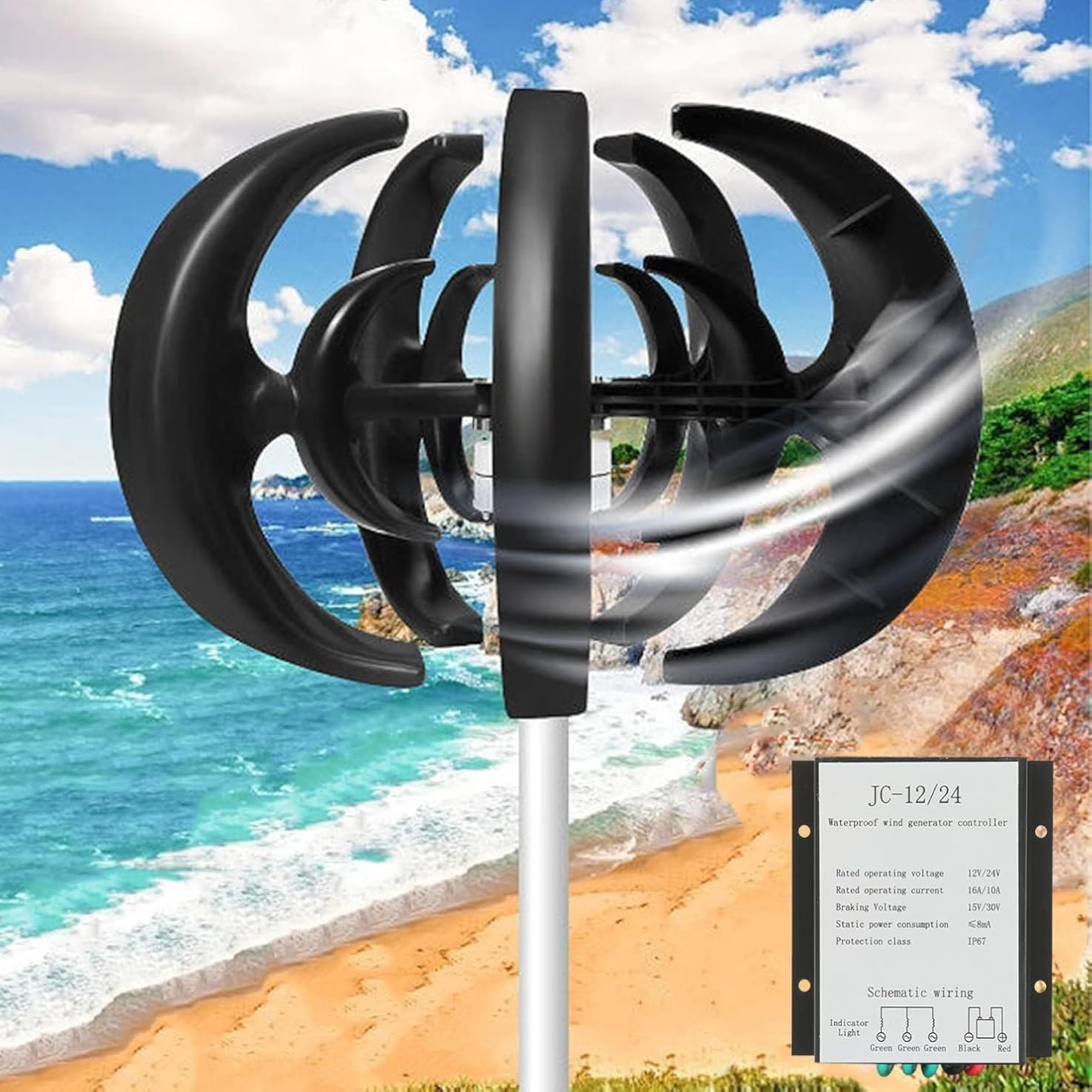 CHRISK 3 Phase Vertical Axis 5000W Wind Turbine Kit Wind Turbine Kits Maglev Hybrid Wind Generator 5 Blades Auto Adjust Windward Direction,12v