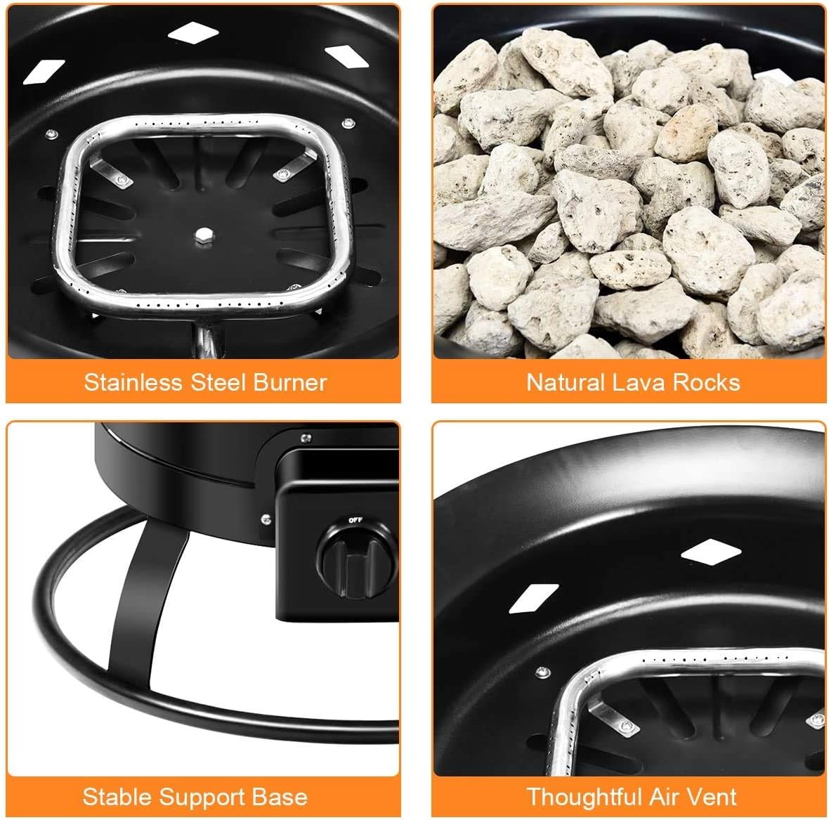 S AFSTAR 19” Gas Fire Pit Bowl, 58,000BTU Portable Propane Fire Pit w/Cover Lava Rock Stone, Tank Stabilizer Ring & Carry Kit, Gas Fire Bowl for Patio Camping Backyard Party