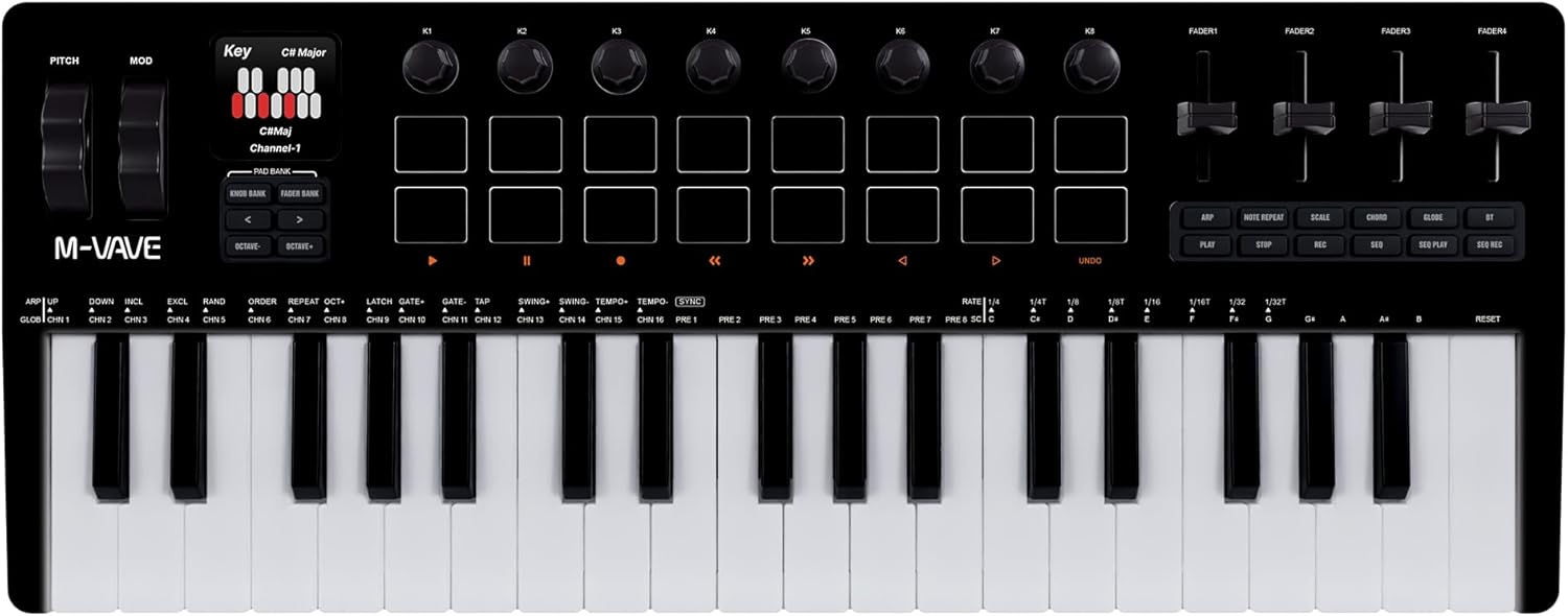 M VAVE 37 Key MIDI Keyboard with 16 Backlit Drum Pad, 8 Knobs, DAW Integration and Arpeggiator,Music Production Equipment and Studio Controller,Software Included(SMK-37 Pro-Black)