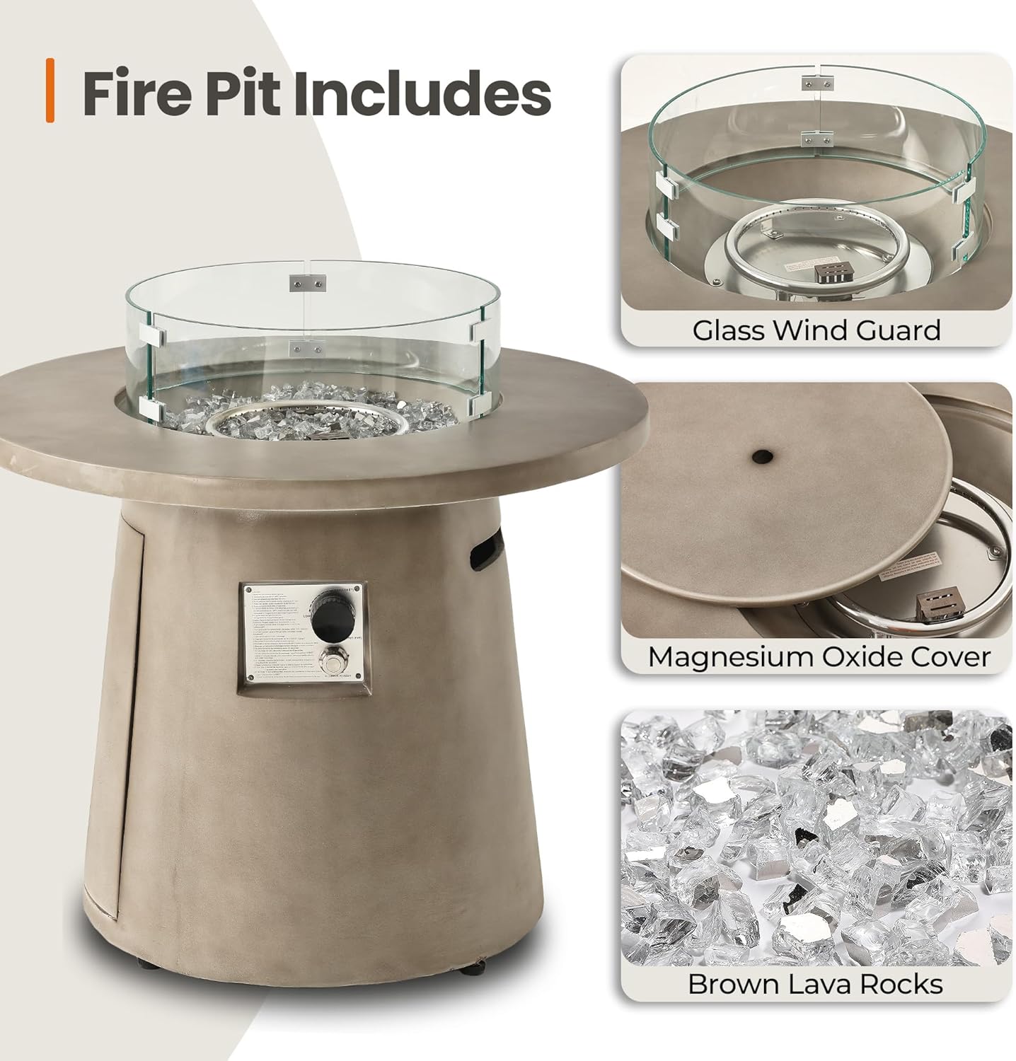HOMPUS Outdoor Propane Fire Pit, 31 inch Round Gray Propane Fire Pit with 10lbs Aqua Transparent Gray Fire Glass, 40000 BTU Gas Smokeless Fire Pit Table, Patio Concrete Firepit with Rain Cover