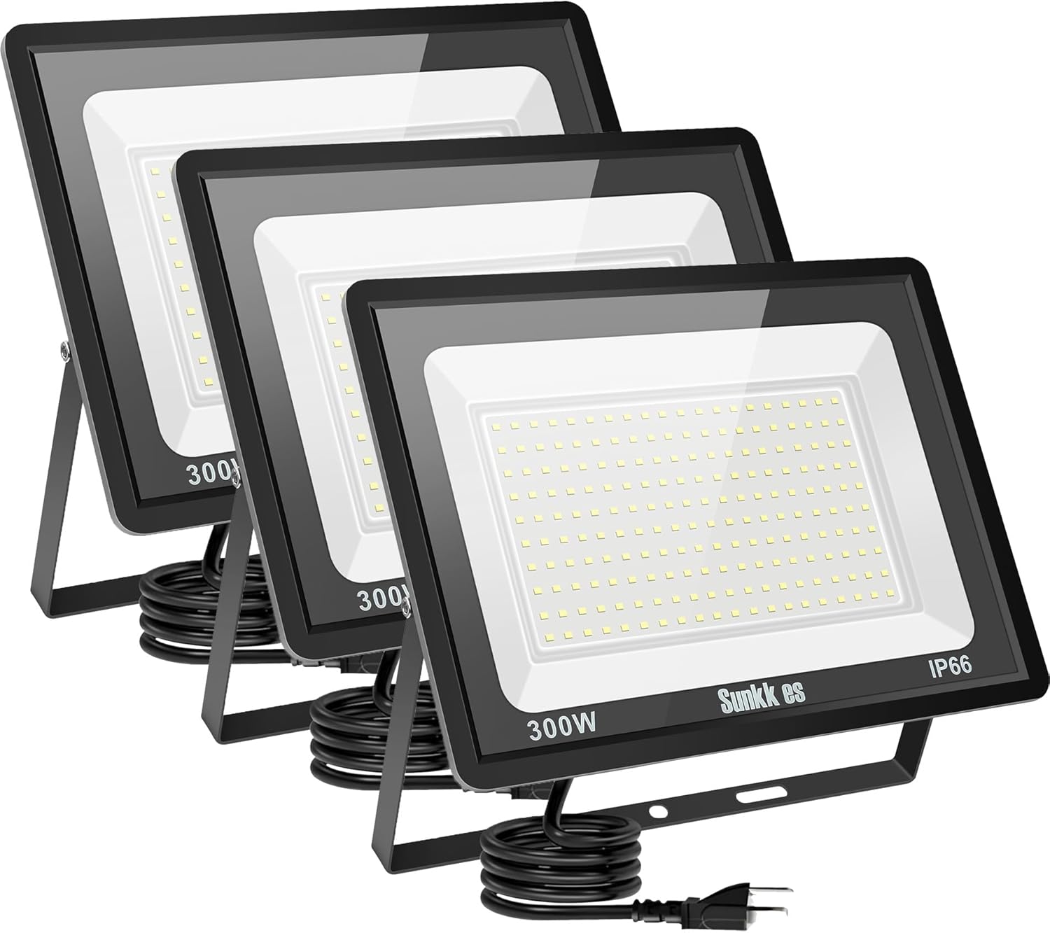 3 Pack 300W LED Flood Light Outdoor, IP66 Waterproof with Plug, 6000K Daylight White Security Lights Outside Lamp, Exterior Floodlights Lighting for Yard Garden Patio House Parking Lot