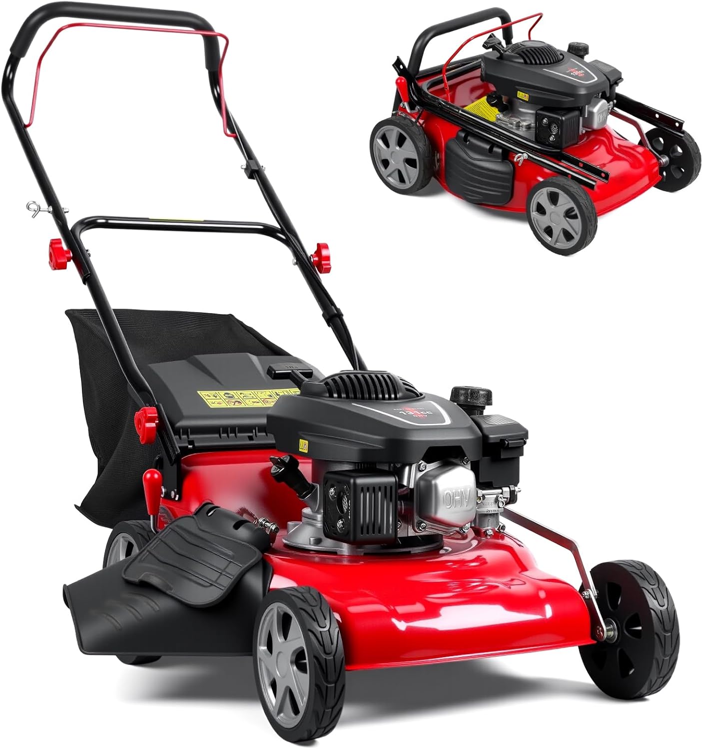 Self Propelled Lawn Mower, 131cc Gas Engine Mower with 50L Grass Tank, Mulch & Side Discharge, 3 in 1 Push Mower, Walk Behind Grass Cutter for Garden, Outdoor Big Yard (Red)