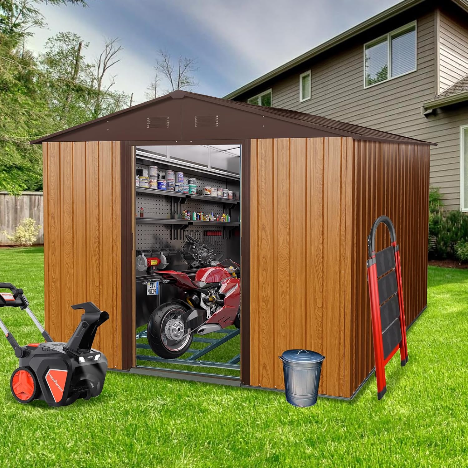 8x10FT Outdoor Metal Storage Shed with Metal Foundation, Garden Tool House for Garden, Patio, Backyard, Lawn (Brown)