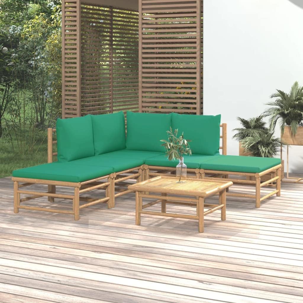 6 Piece Patio Lounge Set with Green Cushions Bamboo,Naturally-derived Bamboo Patio Lounge Set with Comfortable Cushions and Modular Design for Outdoor Living Furniture Sets for Patio, Lawn & Garden