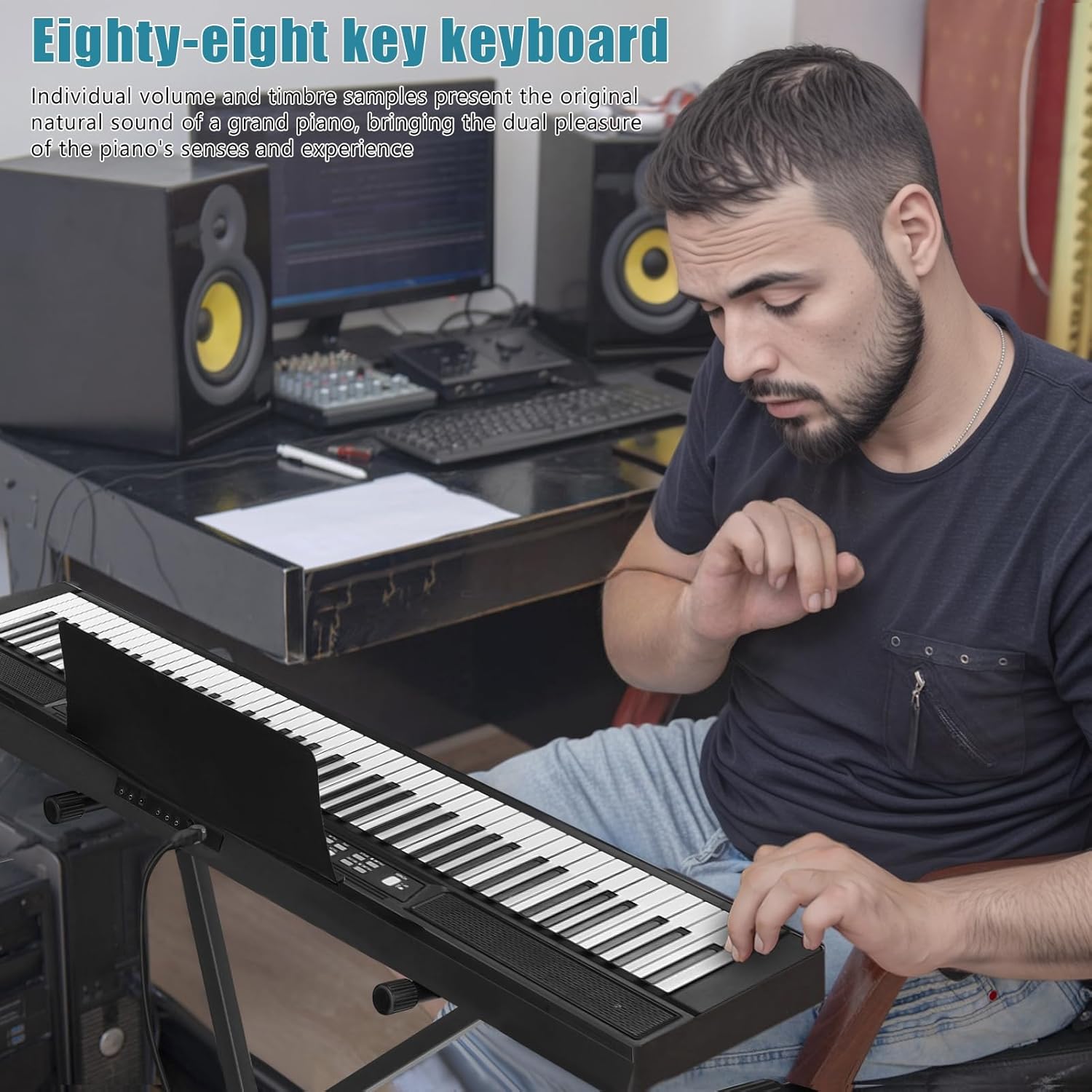 Walbest 88 Key Piano Electric Piano with Full Size Semi Weighted Keys Sustain Pedal, Stand, Headphones, Digital Piano 88 Key Weighted MIDI/USB/MP3 for Beginners Adults Black