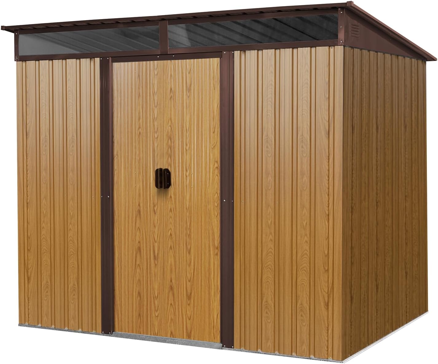 Metal Garden Shed Outdoor Backyard Tool House Lockable Sliding Door Galvanized Steel Waterproof UV-Resistant Ventilated Skylight Panel Transparent Window Sloped Roof Foundation Frame (Coffee,8x6FT)