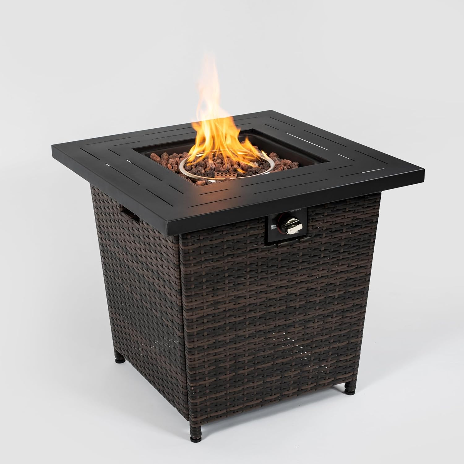 28inch Wicker Square Fire Pit Table Outdoor Brown Steel