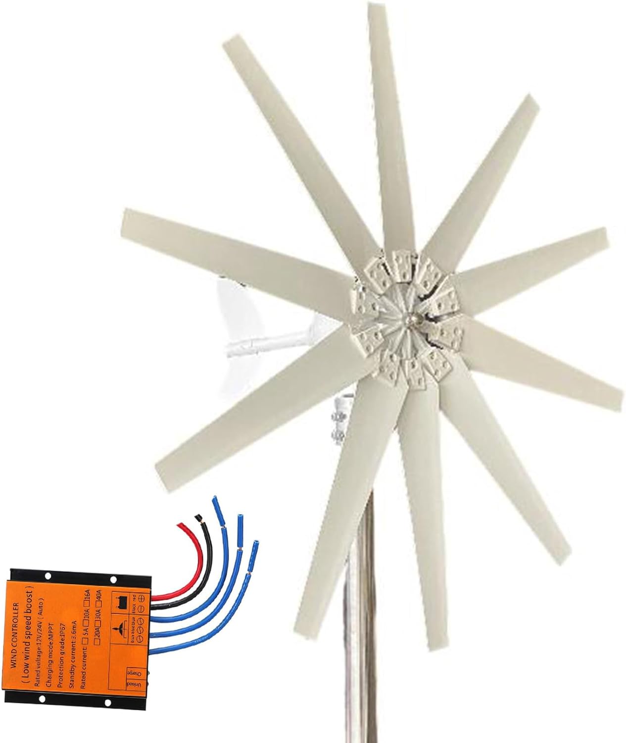 10000W Vertical Axis Wind Turbines Generator, 10 Blades Motor Kit 12V/24V/48V/220V Windmill Energy Charge Turbines (with MPPT Controller)