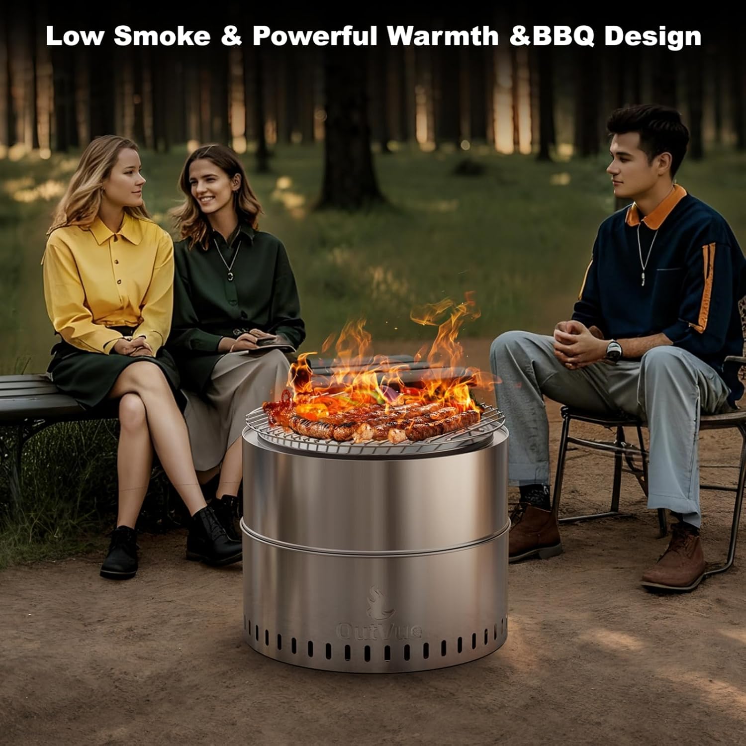 19 inch Stainless Steel Smokeless Fire Pit with Grill, Outdoor Smokeless Firepit, Wood Burning Fire Pits for Camping, Bonfire, Low Smoke Firepit for Outside (Vertical Hole)