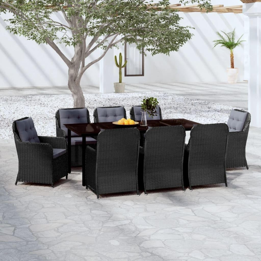 9 Piece Patio Dining Set Black, Outdoor Dining Set: Comfortable Rattan Chairs, Steel Frame & Glass Tabletop Furniture Sets for Patio, Lawn & Garden