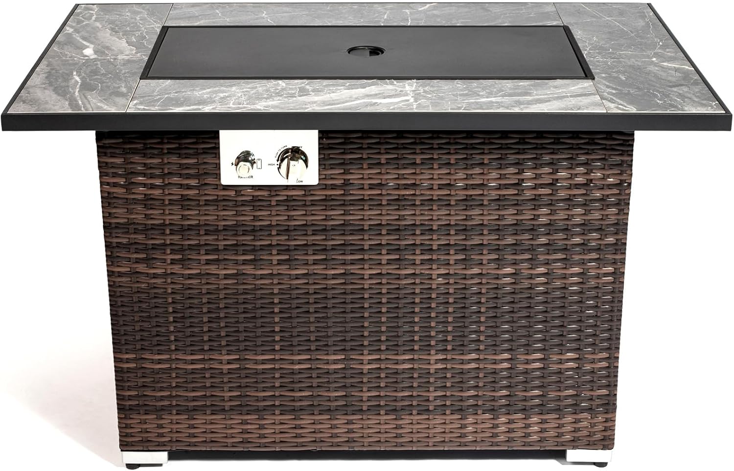 Propane Fire Pit Table, Outdoor Gas Fire Pit Rectangle 50000 BTU, 43 Inch Fire Table for Outside Patio with ETL-Certified, Auto Ignition, Ceramic Tabletop, Glass Wind Guard, Cover, Brown Wicker