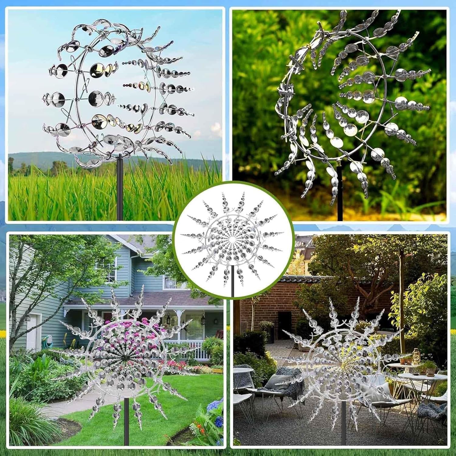 Solar Magical Metal Windmill, Kinetic Wind Spinners 3D Wind Powered, 13.4 x 71in Kinetic Sculpture Outdoor,Gold