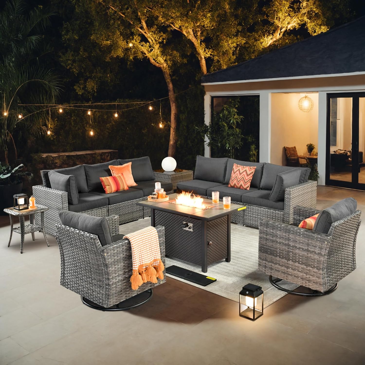 11 Pieces Patio Coversation Set with 42in Fire Pit Table, Outdoor Furniture Modular Couch with Swivel Rocking Chair, Rattan Wicker Sectional Sofa for Porch Balcony Backyard, Black