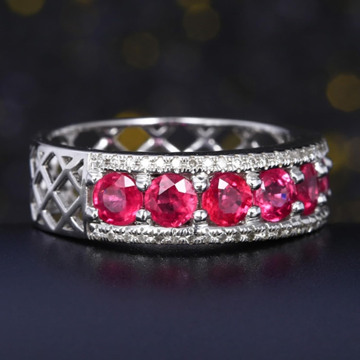 18K White Gold Ring Wedding Band, Women's Rings Lab Created Ruby Drill Row White Gold Jewelry with Moissanite for Engagement