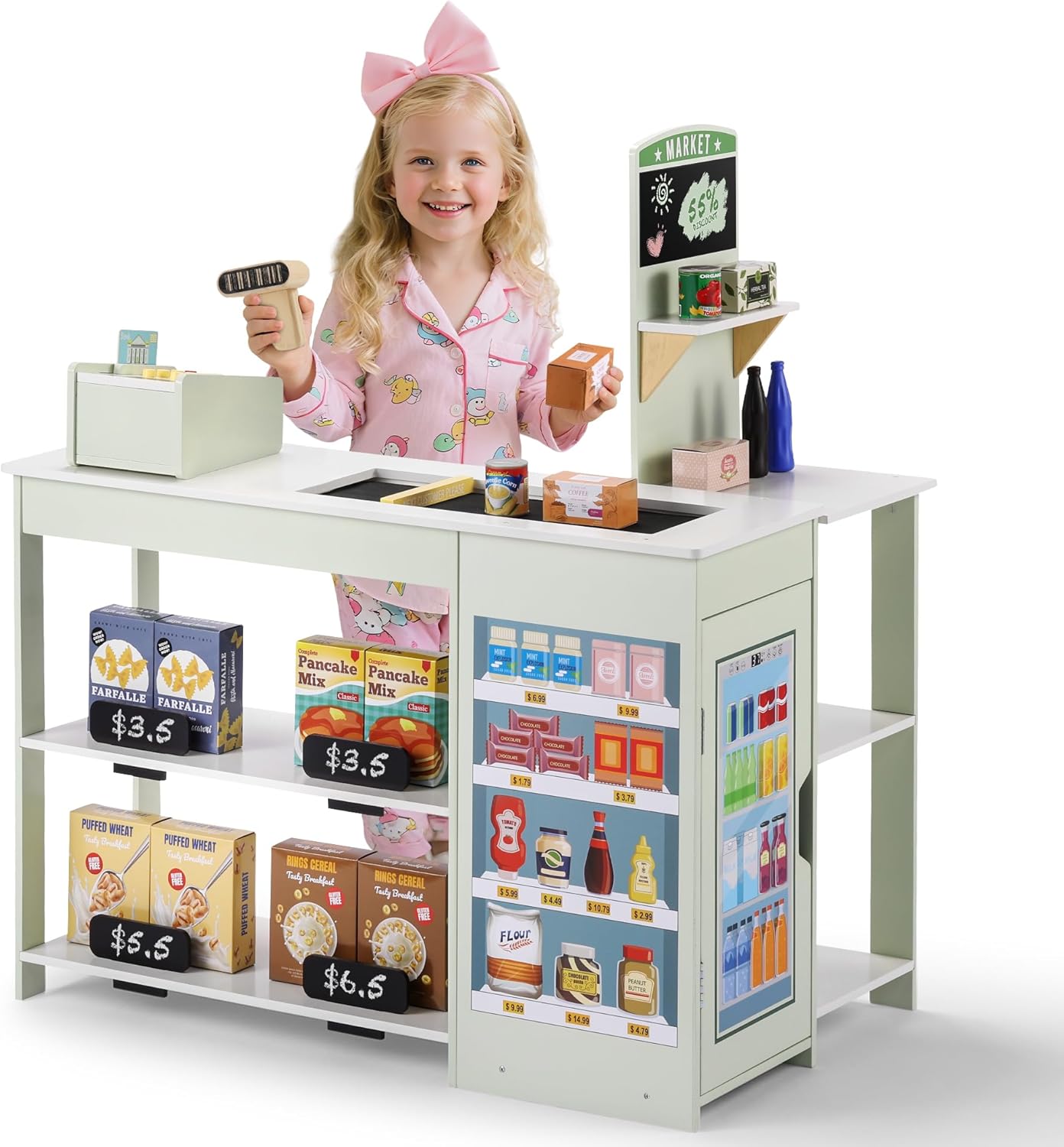 SainSmart Jr. Grocery Store Pretend Play, Wooden Play Store with Cash Register, Chalkboard, Cooler, Play Food Accessories, for Toddlers Aged 3+, Light Sage Green