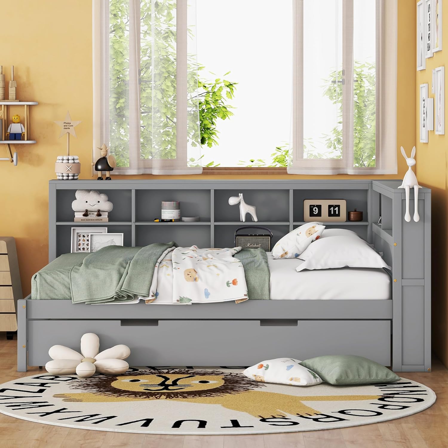 Wooden Twin Daybed with Trundle and Storage Shelf, Twin Size Daybed Frame with Charging Station, for Bedroom, Guest Room Grey (Product D)