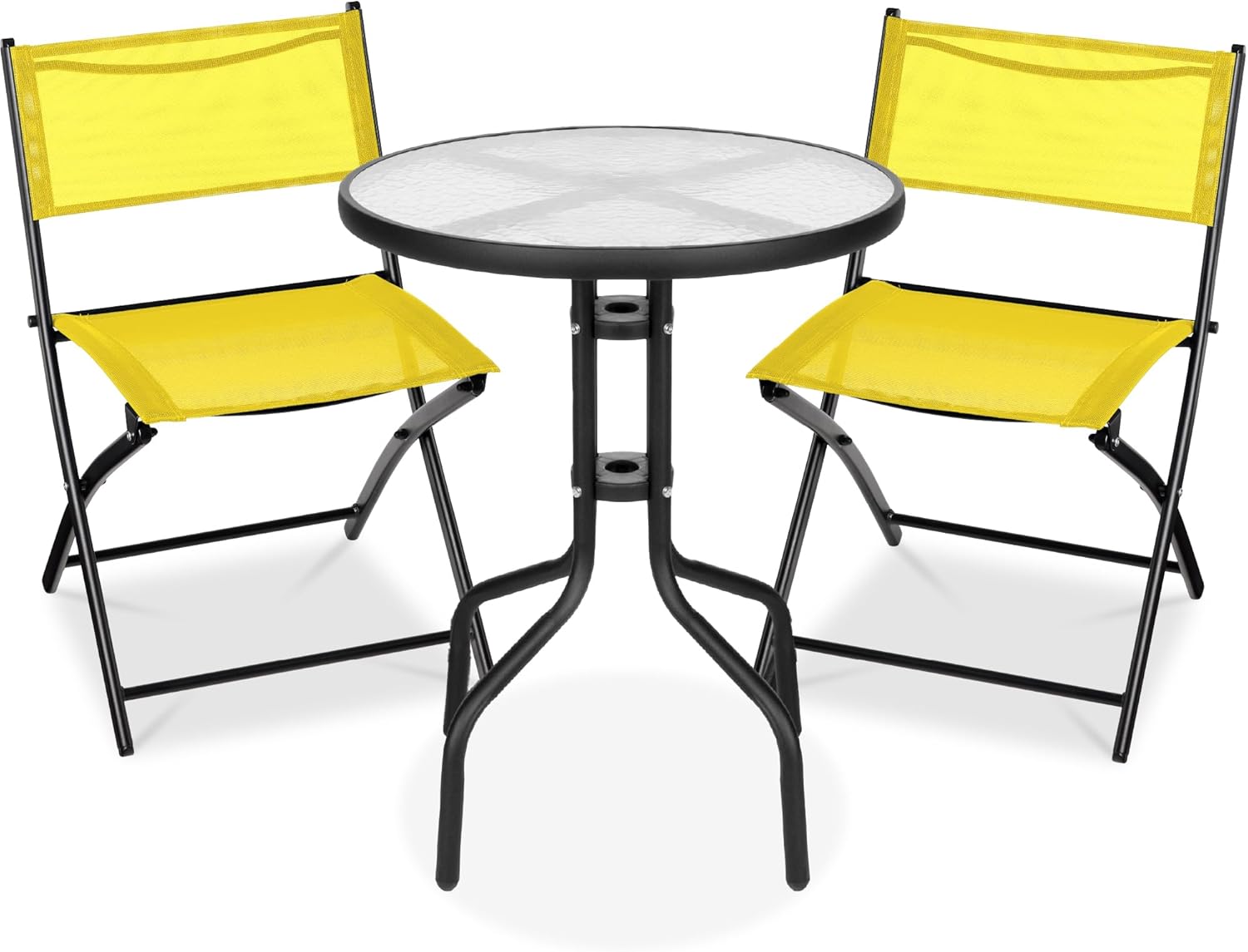 Best Choice Products 3-Piece Patio Bistro Dining Furniture Set w/Textured Glass Tabletop, 2 Steel Folding Chairs, Polyester Fabric - Yellow