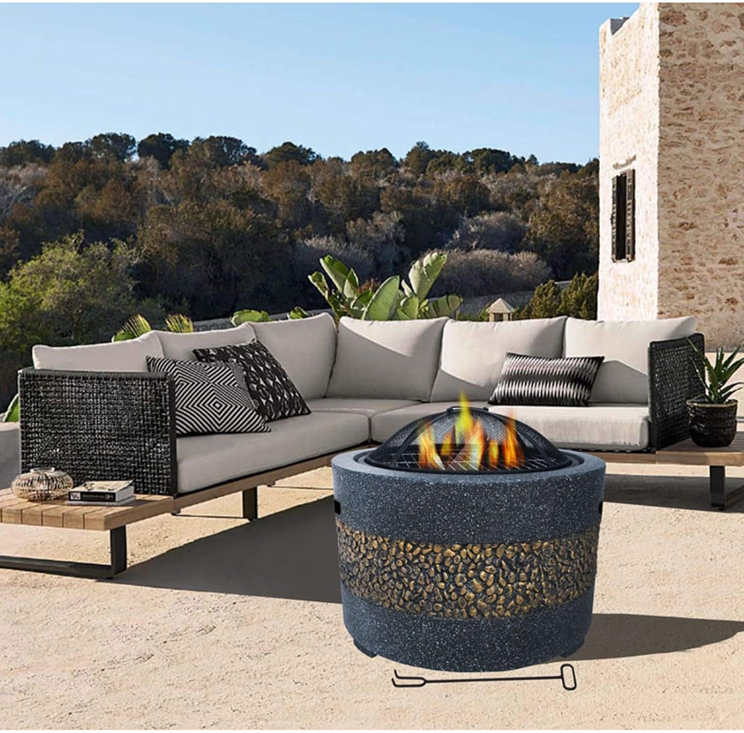 Garden Fire Pit Backyard Patio Garden Fireplace Concrete Round and Wood Burning Fire Pit 3 in 1 Fireplace for Bonfire Barbecue in The Wild with Grill Grate for Heati
