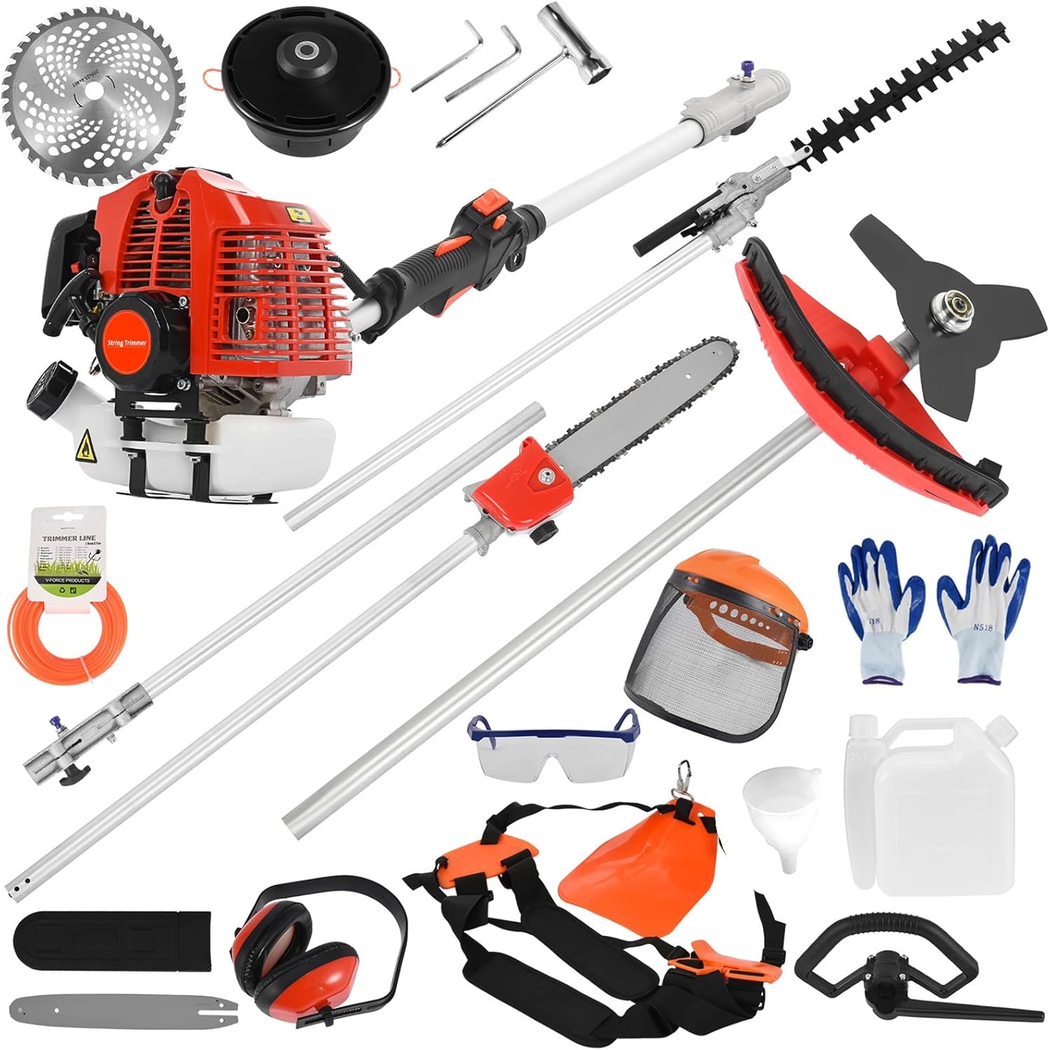 5-in-1 Weed Wacker Gas Powered – 52CC 2-Stroke Gas Weed Eater,String Trimmer/Edger, Pole Saw, Hedge Trimmer and Brush Cutter Blade with Extension Pole – Yard Tool for Landscaping Red