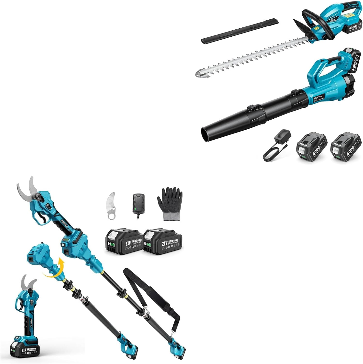 SEESII Cordless Hedge Trimmer and Leaf Blower Combo, 2 Pcs 4.0Ah Batteries+SEESII Pole Electric Pruning Shears: 1.8