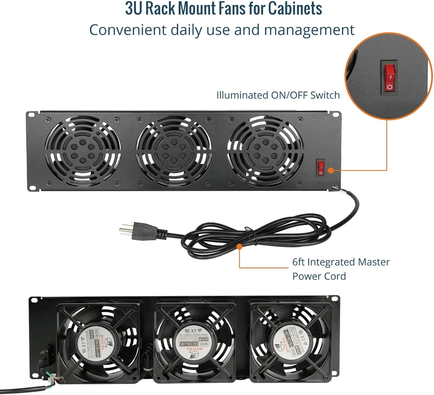 Tecmojo 3U Rack Mount Fan Panel, 3 Fans Cabinet Cooling Fans, 19in 6ft Cord Server Cooling System for Audio Rack and AV Cabinet in Office, Theater(Vertical Assemble)