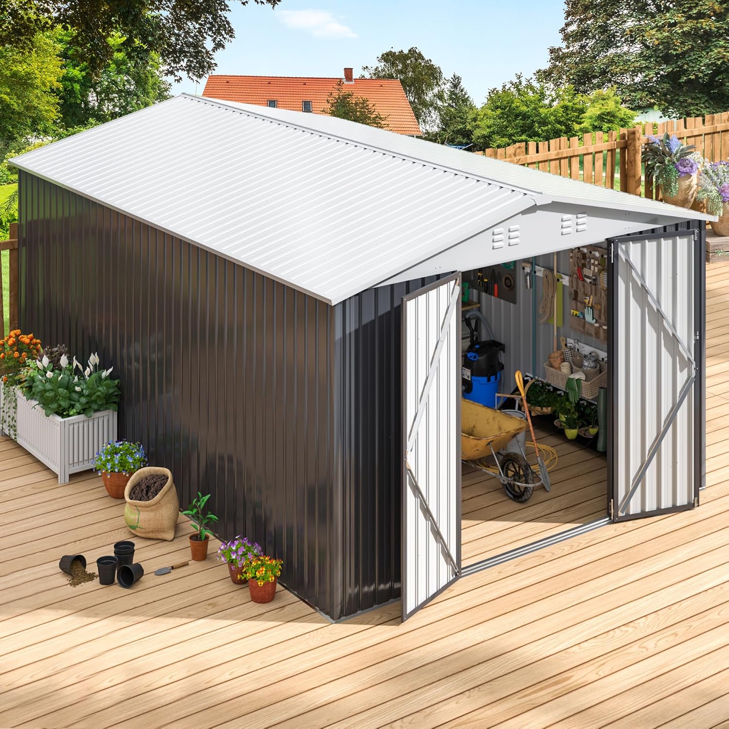 Polar Aurora 9.3x13.5 FT Qutdoor Storage Shed, Metal Garden Shed with Updated Frame Structure, ToolSheds for Backyard Garden Patio Lawn, White