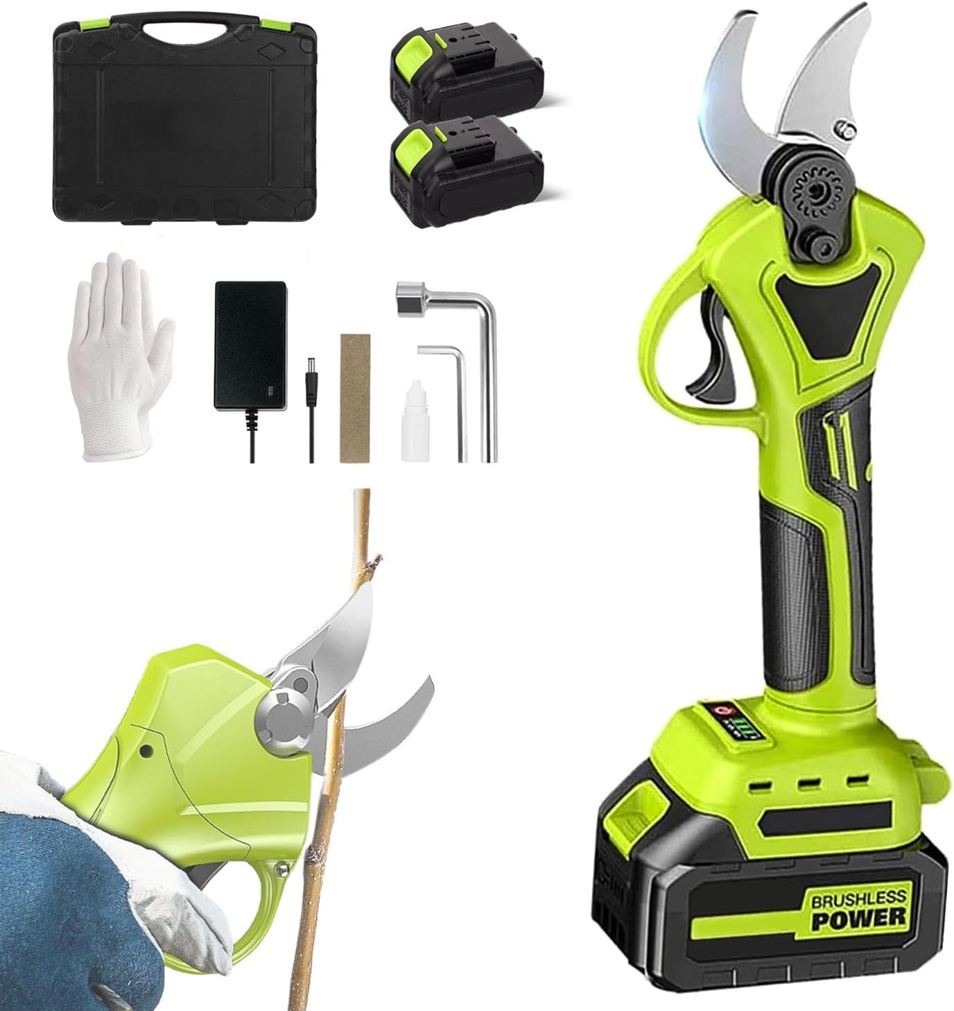 Gardening Electric Pruning Shears | Cordless Branch Pruner | 50mm(2'') Cutting Diameter | 4 Gears Adjustment | Carbon Steel Blades | 24H Batteries Life/Pcs | 2 Batteries & Toolcase