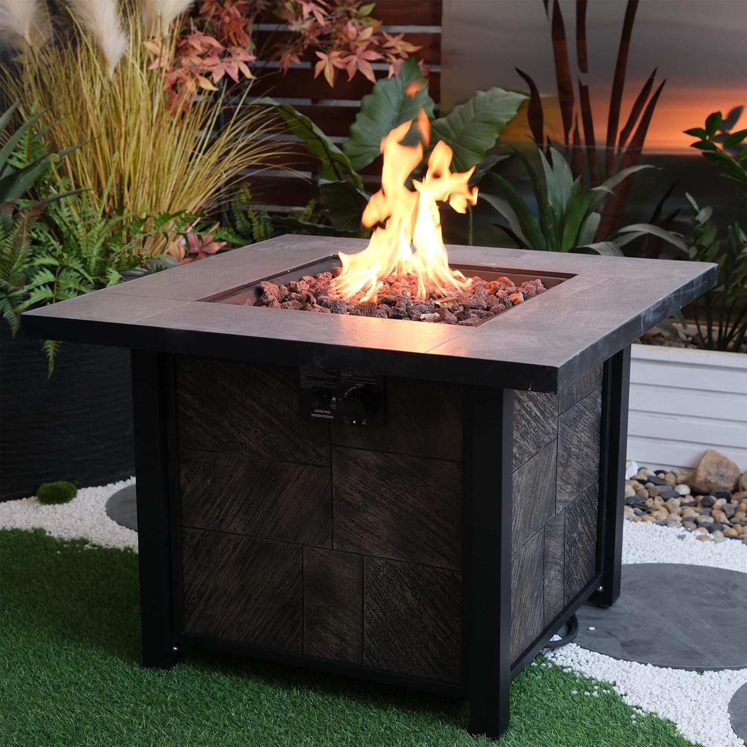 GOWE 50000 BTU, CSA Certification Square Gas Fire Table,Contain 5 kg Lava Stone and Rainproof Cover,Magnesium Oxide Wood Grain Surface Finished,More Suitable for Outdoor Garden Backyard and Durable