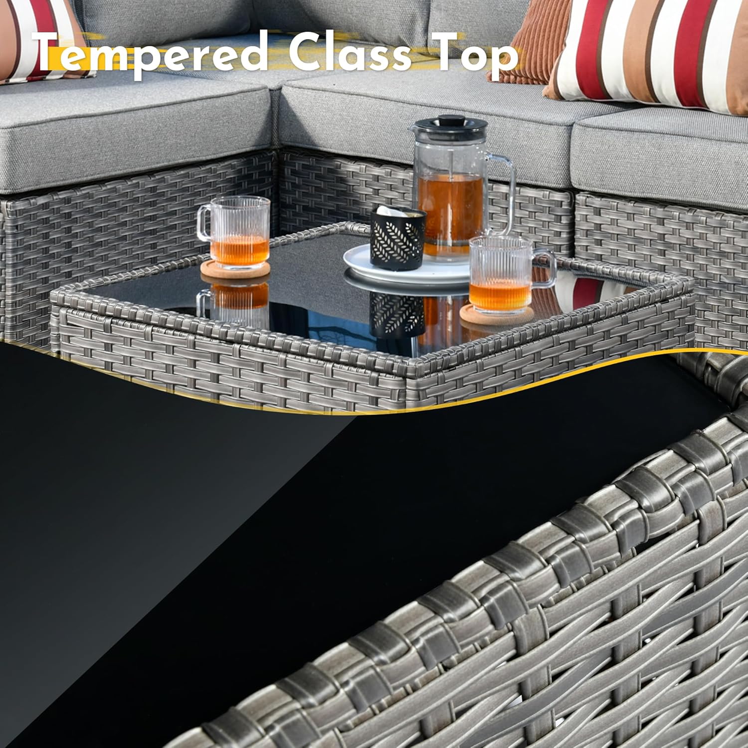 10 Piece Wicker Sectional Patio Furniture with Fire Pit, Outdoor L Shaped Couch with 42'' Firepit Coffee Table Swivel Rocker Chair Conversation Sets for Balcony Backyard Garden, Dark Gray