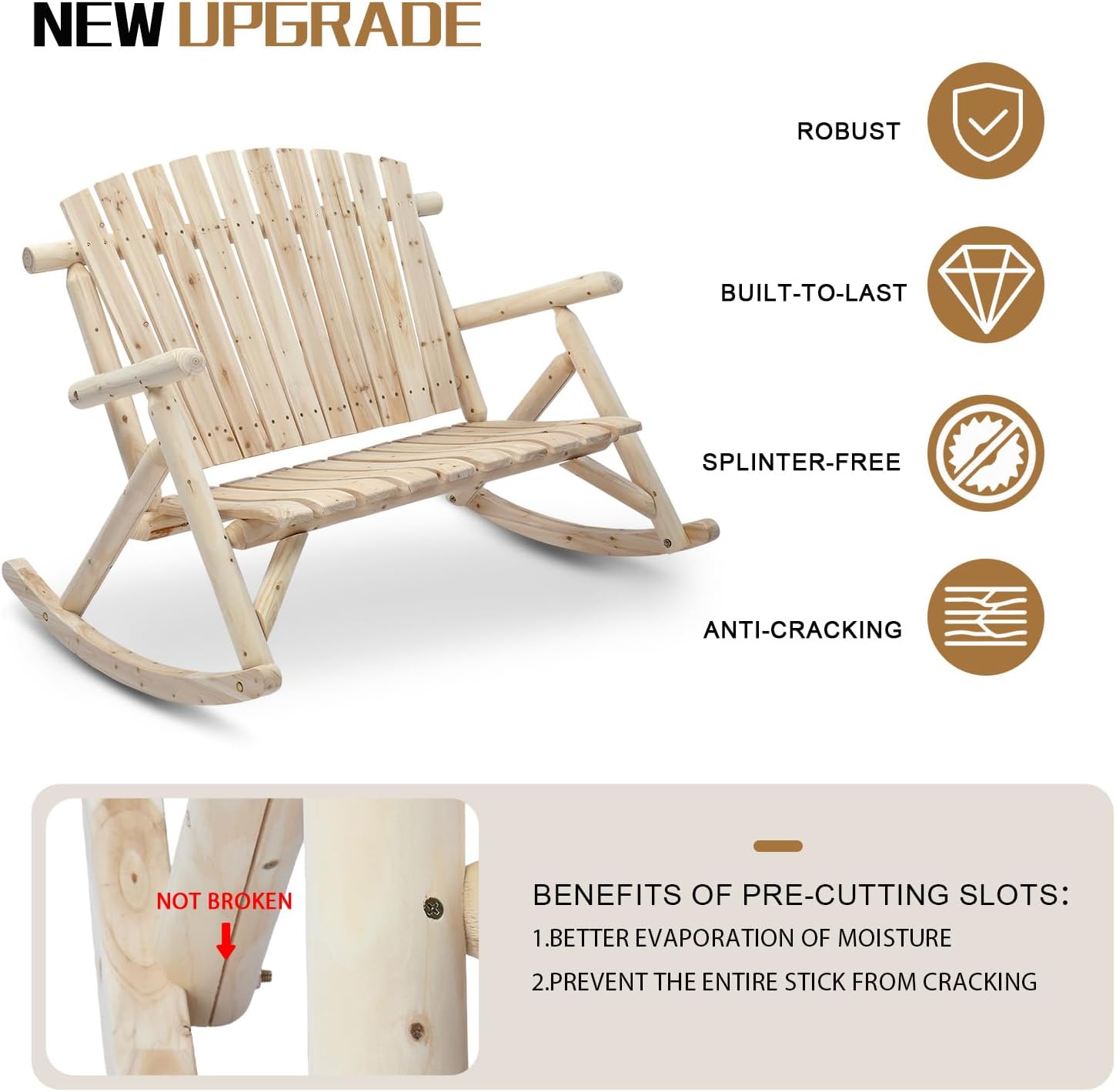 Outvita 2-Person Wood Rocking Chair, Fir Log Adirondack Rocker, Outdoor Wood Accent Furniture Lounge Chairs with Wide Curved Seats for Garden Patio Backyard Porch (Natural Finish)