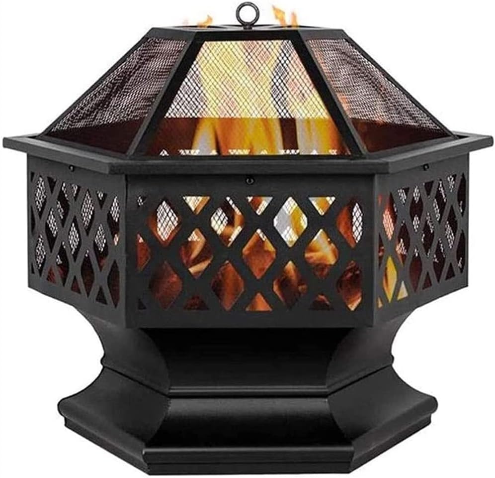 Fire Pit, Iron Fire Pit Outdoor Patio BBQ Camping Bonfire, Outdoor Fireplace Fire Bowl with Spark Screen, Great for Outdoor and Patio