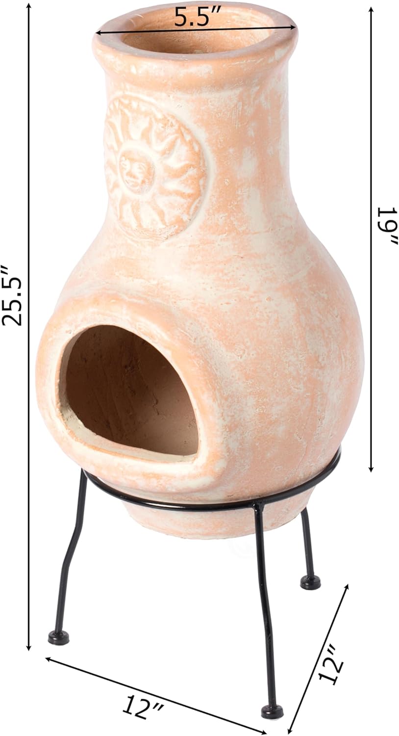 Outdoor Beige Clay Chiminea Outdoor Fireplace Sun Design Charcoal Burning Fire Pit with Sturdy Metal Stand, Barbecue, Cocktail Party, Family Gathering, Cozy Nights Fire Pit