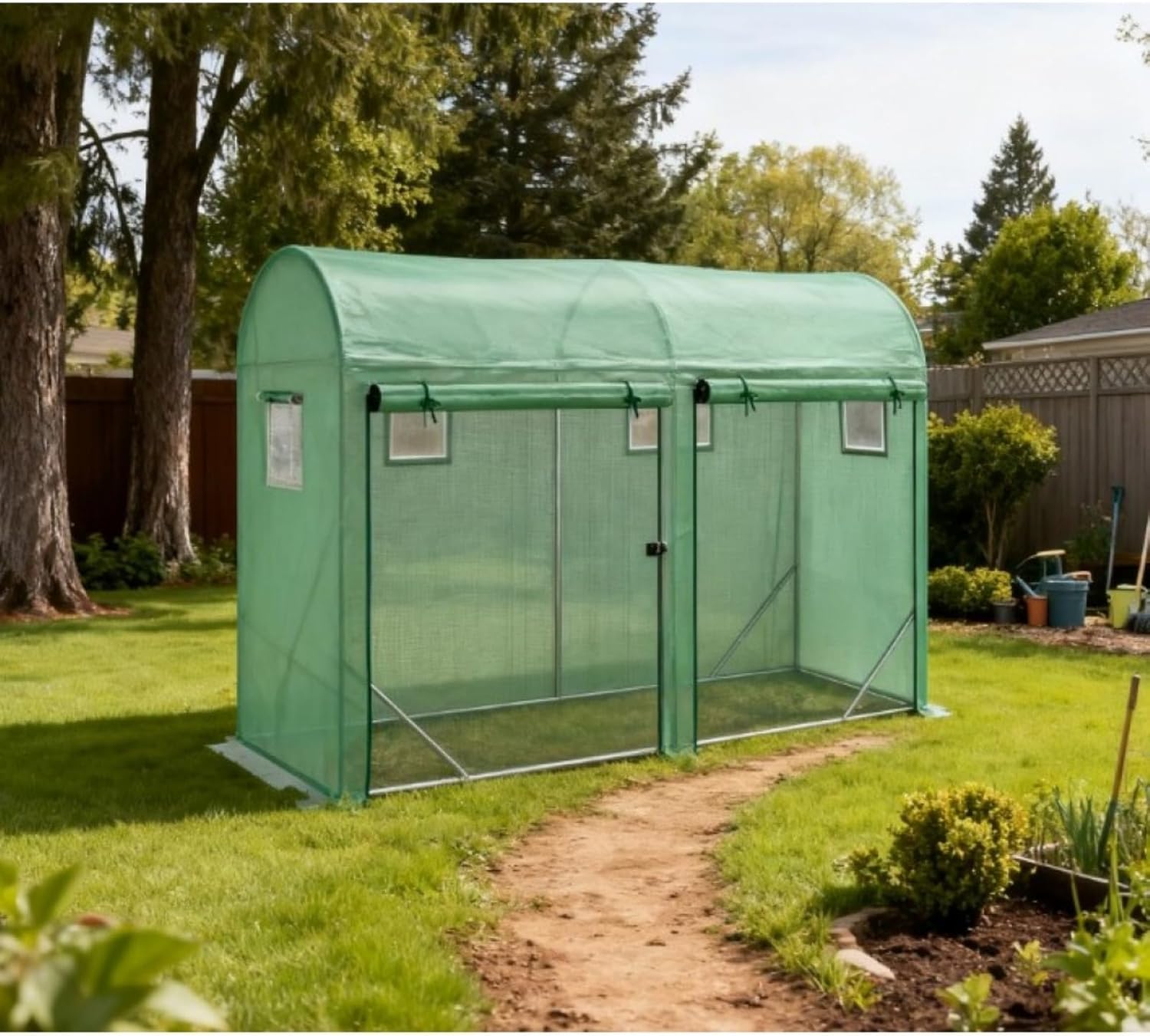 Outdoor Greenhouse, Walk-in Lean-to Greenhouse with 4 Zipper Roll-up Windows & 2 Doors, UV Protecting PE Cover for Garden, Yard, Lawn, Growing Flowers & Vegetables