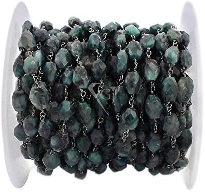 JEWELZ natural emerald beads rosary chain,7x10-6x9-8x12mm black plated wire wrapped lin.