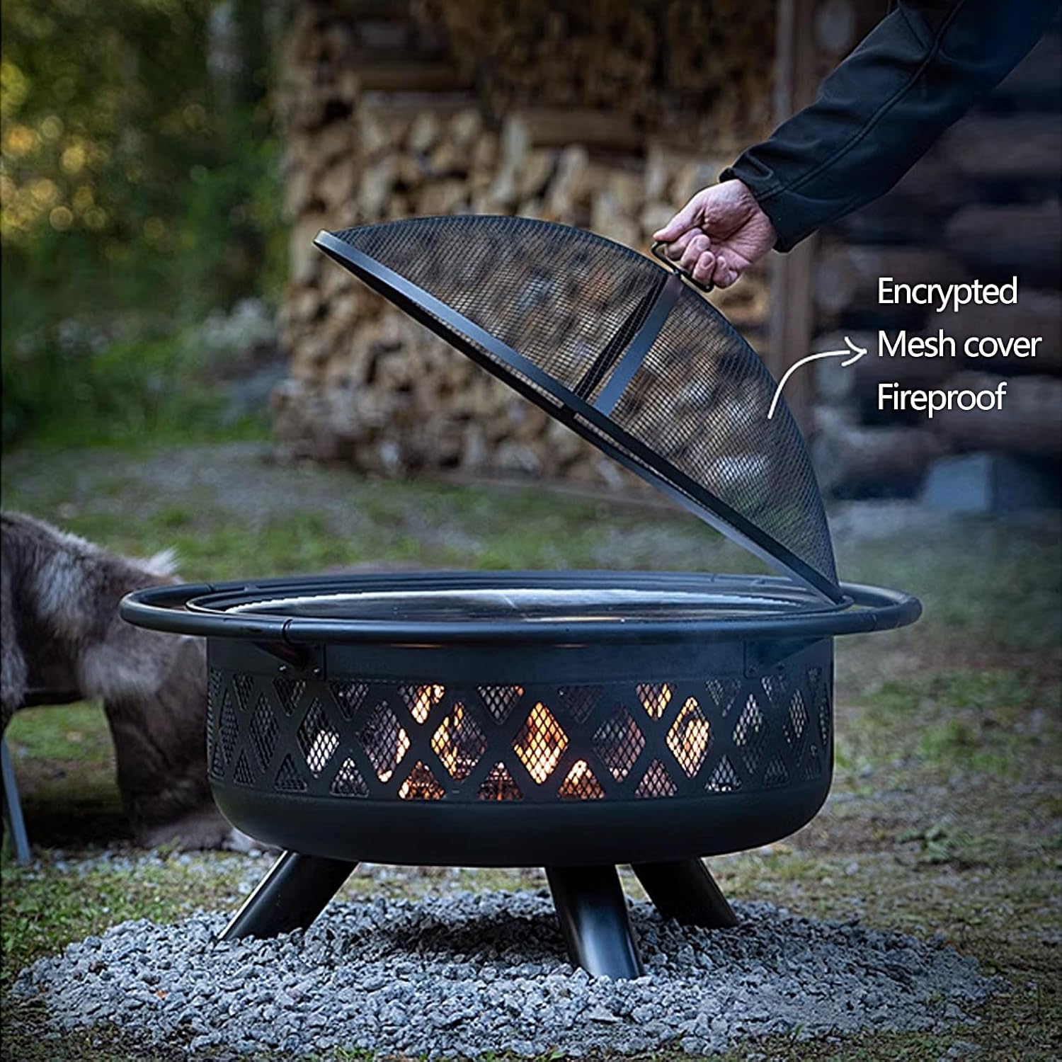 Outdoor Portable Wood Burning Stove, Multifunctional Outdoor Fire Pit, with Mesh Cover Grill Net and Rim Large Capacity for Tent Camping Cookout